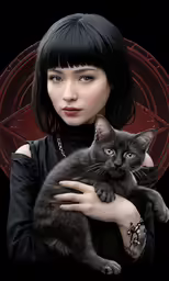 a woman in a black dress holding a cat