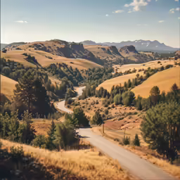 a road and scenic mountains with a grassy area on one side
