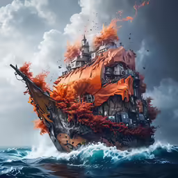 an old ship in the middle of some water with many flames coming out