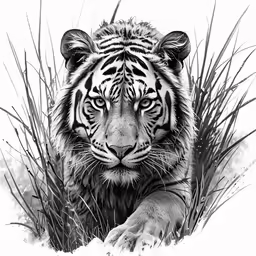 black and white image of a tiger laying down in the grass