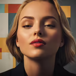the blond lady with bright eyes looks away from the camera