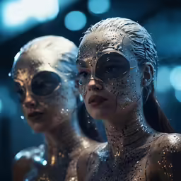 two women in shiny makeup make up for a photo