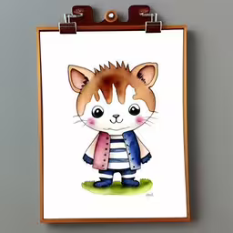 a little kidy kitty in blue and white striped shorts and a shirt,this is a picture of a card with a cute cat wearing an outfit