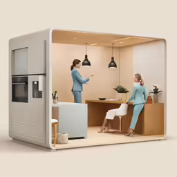 a box type booth with two people inside