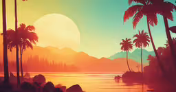 the sun rises over palm trees in the tropical wilderness,a couple of palm trees and a large body of water