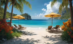 chairs and umbrellas sitting under a couple of trees on the beach