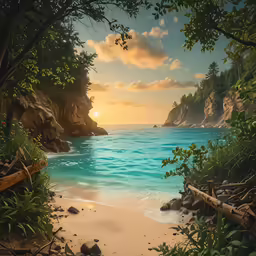 the landscape shows blue water, rocks and green trees
