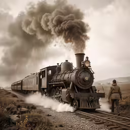 two men stand near a train on the tracks