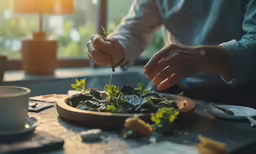 a person is putting plants into a bowl