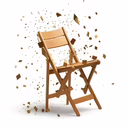 a wooden folding chair and a lot of debris