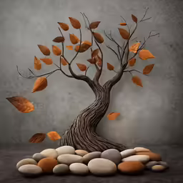 the tree is surrounded by rocks and leaves