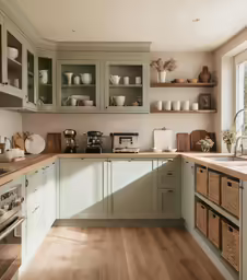 the large kitchen has some baskets in it