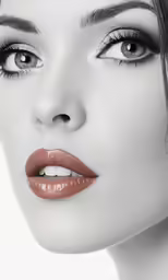 a woman with red lips and smoky makeup is posing for the camera