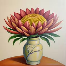 a painting of a large orange and yellow flower,there is a painting of a yellow vase on the table
