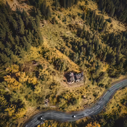 a small house surrounded by trees and surrounded by yellow leaves