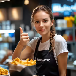 young girl making a thumbs up while holding her food