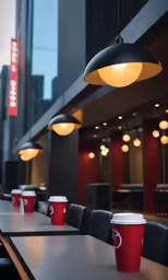 four red cups are sitting on a table