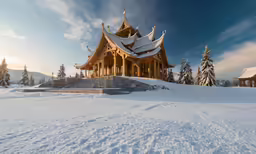 an asian building stands in the snow surrounded by pine trees