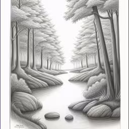a drawing of a river flowing through a forest