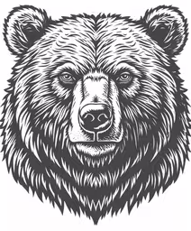 the head of a grizzly bear, which is in a black and white image,the bear head with black outline on a white background