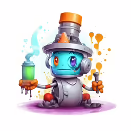 the robot with paint and a spraycan is holding a cup