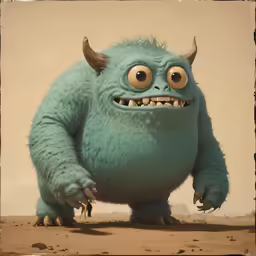 an odd blue stuffed creature with big, bulging teeth