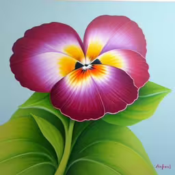 a painted picture of a flower on a blue background,a large purple flower sitting on top of a green leaf