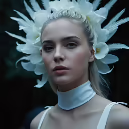 a girl wearing a white blouse has flowers in her hair