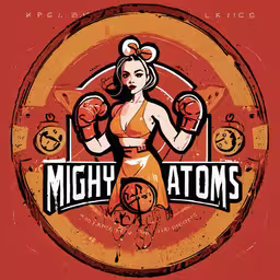 an orange poster with a woman holding two fists,an advertisement for the mighty bottoms show