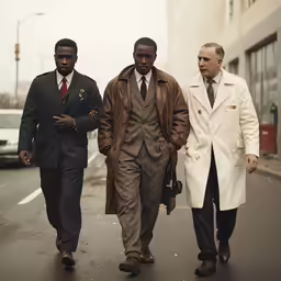 three men are walking down the street on a foggy day