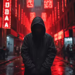 a hooded man is standing in front of a red city street