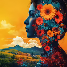 a person is surrounded by flowers in a yellow and orange background