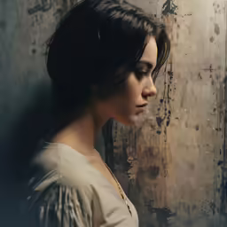 a young woman looks out through a rusty window