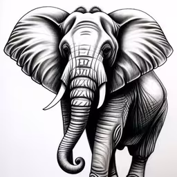 a drawing of an elephant with tusks standing,a drawing of an elephant in a black and white photo,drawing of an elephant using graphite pencil,drawing of an elephant standing in a white background,an elephant with a long trunk and ears has its trunk curled up to the top
