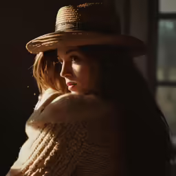 the woman is wearing a hat and a sweater