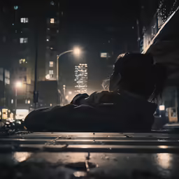 woman in black jacket sitting at night near the lights