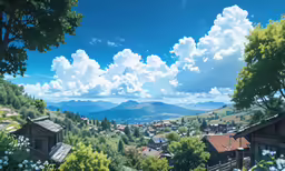 a beautiful view of a town on the mountains from a hill