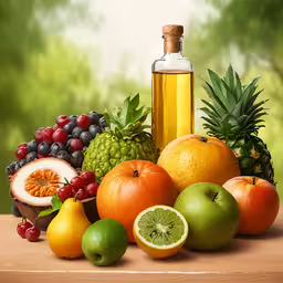 a photo of fruit including kiwi, pineapples, grapes, oranges, apples and pears and a bottle of oil,a bottle of oil sitting next to a pile of fruit