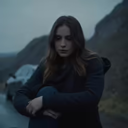 a woman is standing next to a parked car