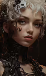 a young girl with weird hair is wearing a mechanical suit