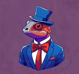 the colorful chamelon wears a blue suit with a red bow tie and a top hat,a cartoon character in a suit and top hat