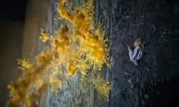 an altered photograph of a girl by a yellow piece of art
