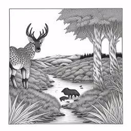 a drawing of a deer and a bear in the wild,a drawing of a black and white deer in a forest