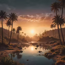 an image of sunset and palm trees that is reflecting the sky
