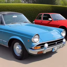 two cars are parked near a hedge,two colorful cars are parked beside each other