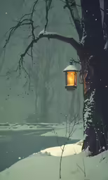 the lantern lights up in a snowy forest