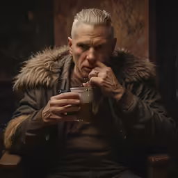 an old man taking a bite out of a cup