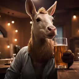 a stuffed kangaroo in the image holding a glass