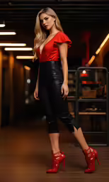 the woman is wearing red shoes, with high heels