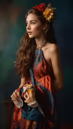 a woman with a floral in her hair